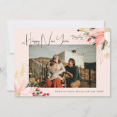 ピンクフローラ4枚フォトハッピー新年ホリデーカード シーズンカード (正面)