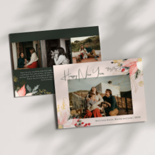 ピンクフローラ4枚フォトハッピー新年ホリデーカード シーズンカード