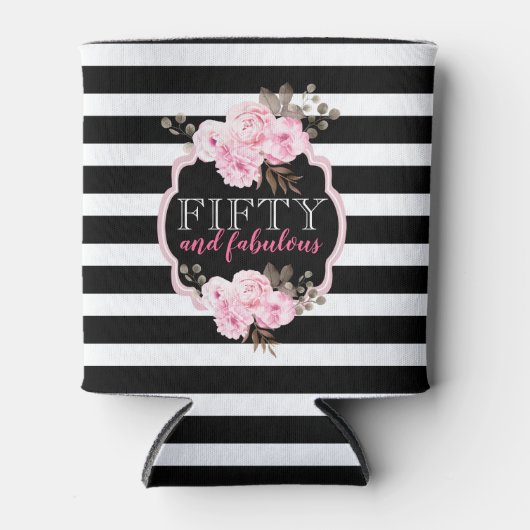 ピンクフローラ50と素晴らしい白黒ストライプ 缶クーラー (正面)