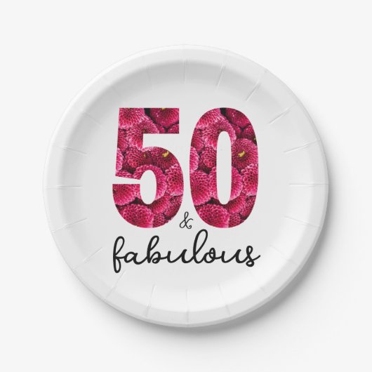 ピンクフローラ50と素晴らしい50th誕生日パーティーP ペーパープレート (正面)