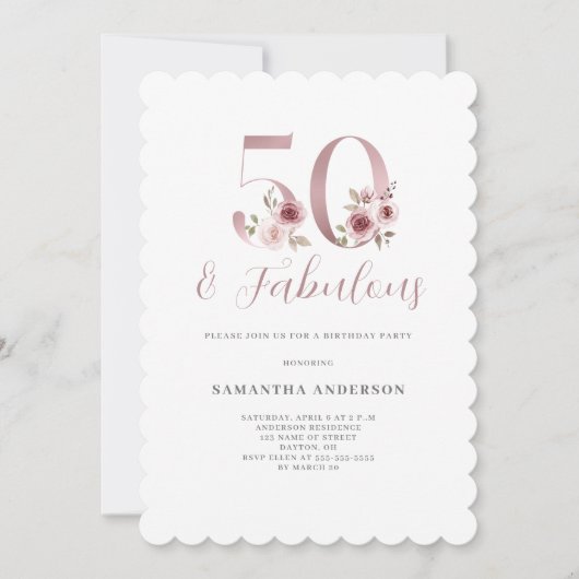 ピンクフローラ50素晴らしい誕生日 招待状 (正面)