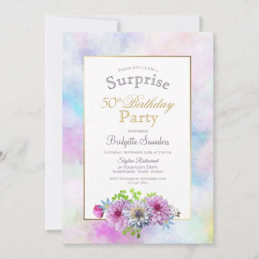 ピンクフローラ50誕生日サプライズパーティー 招待状 (正面)