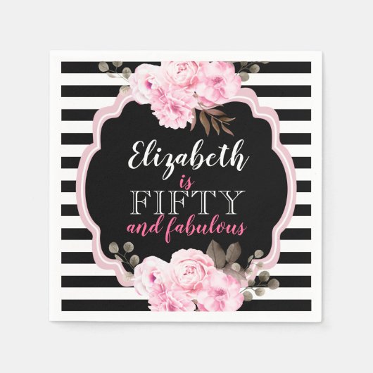 ピンクフローラ50&素晴らしいフォトブラック&ホワイト スタンダードカクテルナプキン (正面)