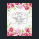 ピンクフローラ50th誕生日パーティーへの招待 ポストカード<br><div class="desc">美しいピンクの水色フローラ50th誕生日パーティー招待状</div>