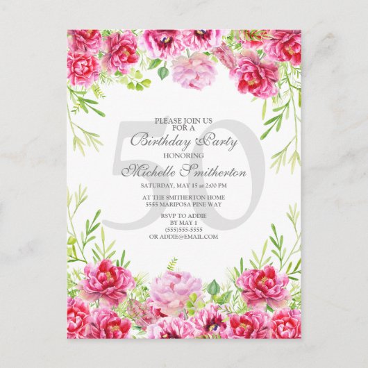 ピンクフローラ50th誕生日パーティーへの招待 ポストカード (正面)