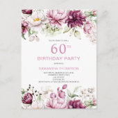 ピンクフローラ60番目の誕生日招待状 ポストカード (正面)