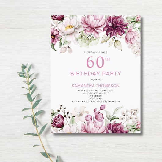 ピンクフローラ60番目の誕生日招待状 ポストカード