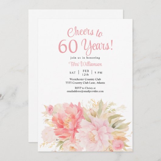 ピンクフローラ60誕生日応援~60年 招待状 (正面/裏面)