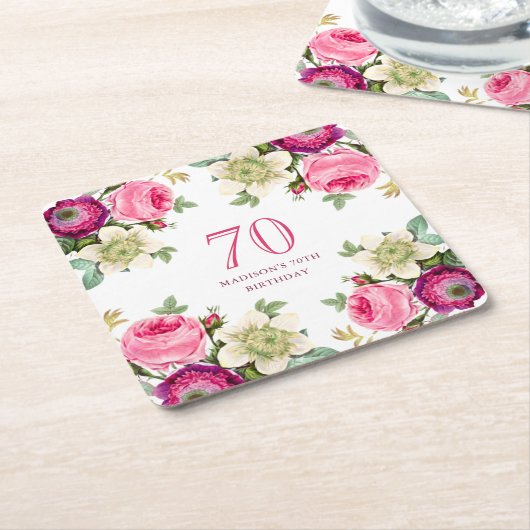 ピンクフローラ70誕生日 スクエアペーパーコースター (アングル)