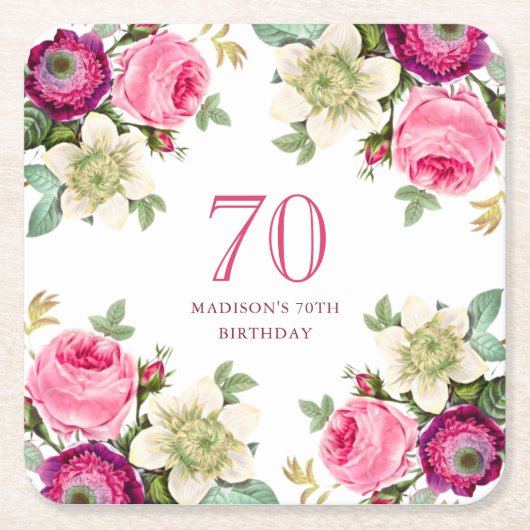 ピンクフローラ70誕生日 スクエアペーパーコースター (正面)