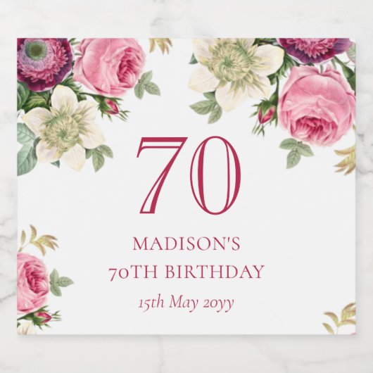 ピンクフローラ70th誕生日パーティー スパークリングワインラベル (シングルラベル)