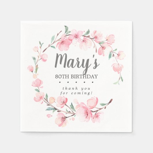 ピンクフローラ80誕生日ありがとう スタンダードカクテルナプキン (正面)