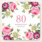 ピンクフローラ80誕生日 スクエアペーパーコースター (正面)