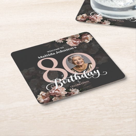 ピンクフローラ80誕生日 スクエアペーパーコースター (アングル)