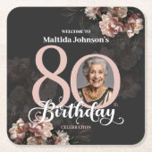 ピンクフローラ80誕生日 スクエアペーパーコースター (正面)