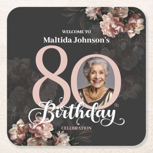 ピンクフローラ80誕生日 スクエアペーパーコースター (正面)