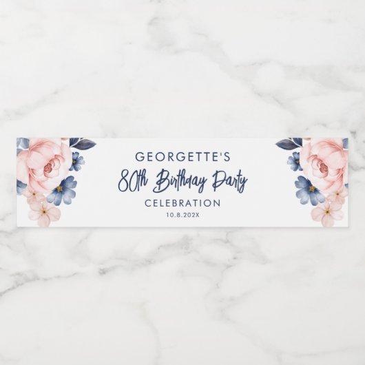 ピンクフローラ80thバースデーパーティースクリプトお祝い ペットボトルラベル (シングルラベル)