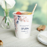 ピンクフローラ80th Birthday Partyスクリプト 紙コップ<br><div class="desc">パステル祝クピンクのインディゴモダンブルーの水の色のフローラ紙カップで来る誕生日。美しい植物性の水の色の開花。単にパーティー詳細でパーソナライズすクリックるカスタマイズには、itボタンを使用してエレメントのスタイルと配置を再調整し、フォーマットする。ヒント：お店に無料またはマッチングのアイテムを追加する</div>