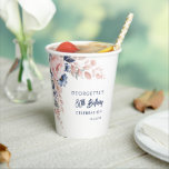 ピンクフローラ80th Birthday Partyスクリプト 紙コップ<br><div class="desc">パステル祝クピンクのインディゴモダンブルーの水の色のフローラ紙カップで来る誕生日。美しい植物性の水の色の開花。単にパーティー詳細でパーソナライズすクリックるカスタマイズには、itボタンを使用してエレメントのスタイルと配置を再調整し、フォーマットする。ヒント：お店に無料またはマッチングのアイテムを追加する</div>