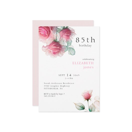 ピンクフローラ85th誕生日パーティーへの招待 招待状 (正面/裏面インサイチュ)