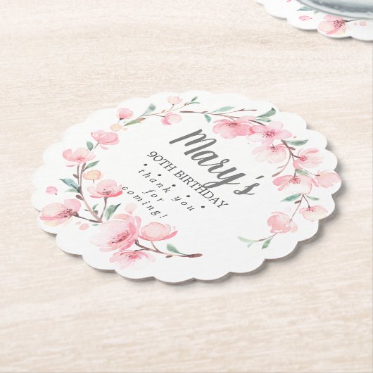 ピンクフローラ90誕生日ありがとう ペーパーコースター (アングル)
