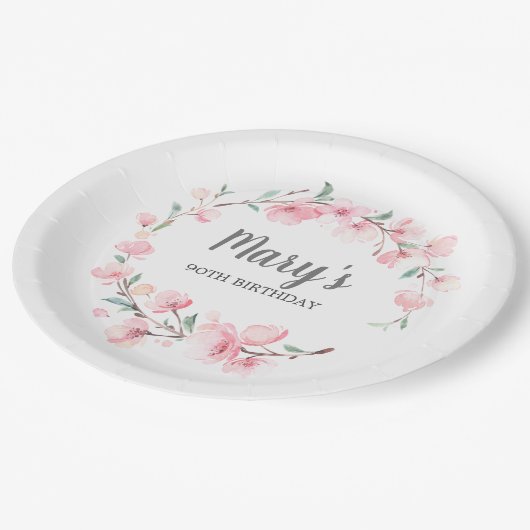 ピンクフローラ90誕生日ありがとう ペーパープレート (アングル)