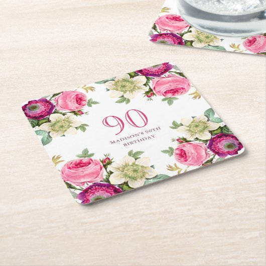 ピンクフローラ90誕生日 スクエアペーパーコースター (アングル)