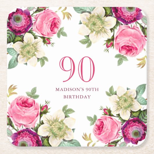 ピンクフローラ90誕生日 スクエアペーパーコースター (正面)
