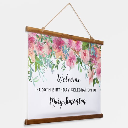 ピンクフローラ90thバースデーパーティーへようこそ 吊り下げ型タペストリー (傾斜あり)