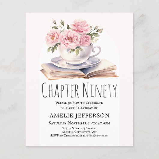 ピンクフローラ90thブックテーマ誕生日招待状 (正面)