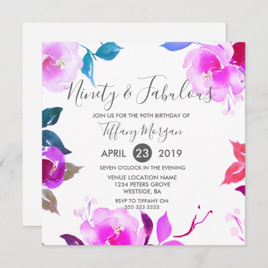 ピンクフローラ90th誕生日パーティー 招待状 (正面/裏面)