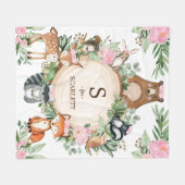 ピンクフローラ·ウッドランド·アニマルズ·モカスタムノグラム名 フリースブランケット (正面(横))