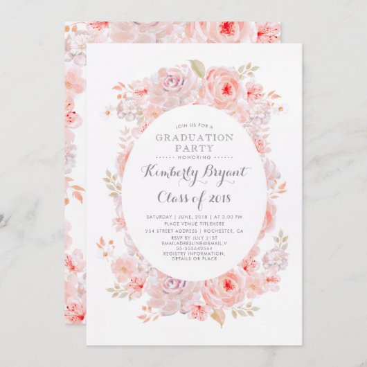 ピンクフローラ |エレガントヴィンテージ卒業パーティー 招待状 (正面/裏面)