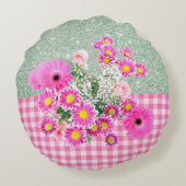 ピンクフローラ&ギンガムソフトグリーンフェイクグリッター ラウンドクッション (裏面)
