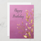ピンクフローラ&ゴールドフォイルトリム誕生日カード 招待状 (正面/裏面)