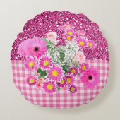 ピンクフローラ&ジンガムフェイクグリッター ラウンドクッション (正面)