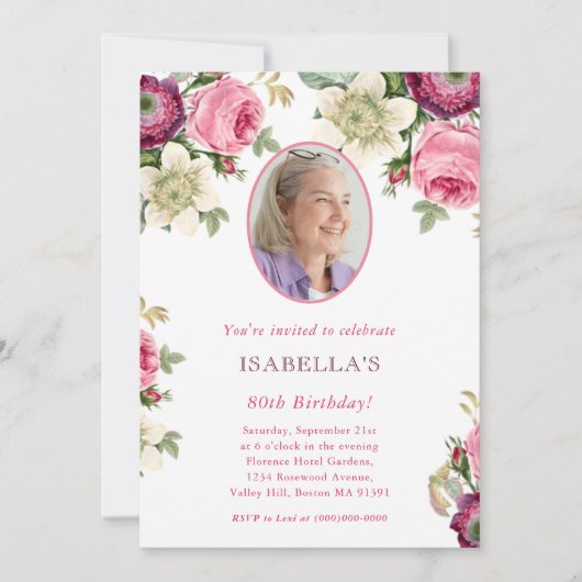 ピンクフローラ |フォト誕生日招待状 招待状 (正面)