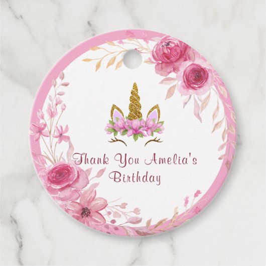 ピンクフローラ| ユニコーン誕生日パーティー フェイバータグ (正面)