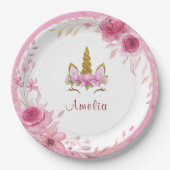 ピンクフローラ| ユニコーン誕生日パーティー ペーパープレート (正面)