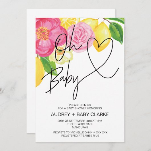 ピンクフローラ&レモン春オ赤ちゃんガールシャワー 招待状 (正面/裏面)