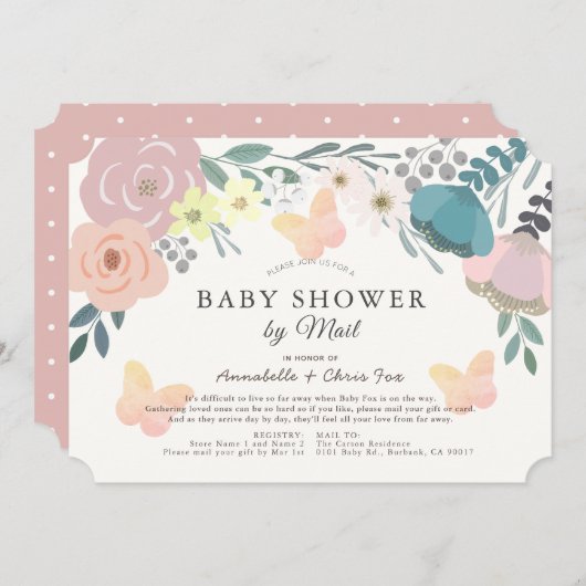ピンクフローラ&蝶ガールベビーシャワーbyメール 招待状 (正面/裏面)
