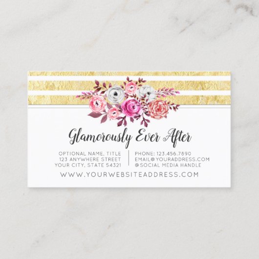 ピンクフローラ&金ゴールドグラムウォーターモダンカラーストライプ 名刺 (裏面)
