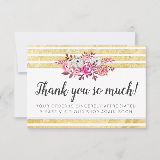 ピンクフローラ&金ゴールドグラムモダンストライプありがとう サンキューカード (正面)