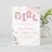 ピンクフローラits女の子の水色の赤ちゃんシャワー 招待状 (スタンド正面)