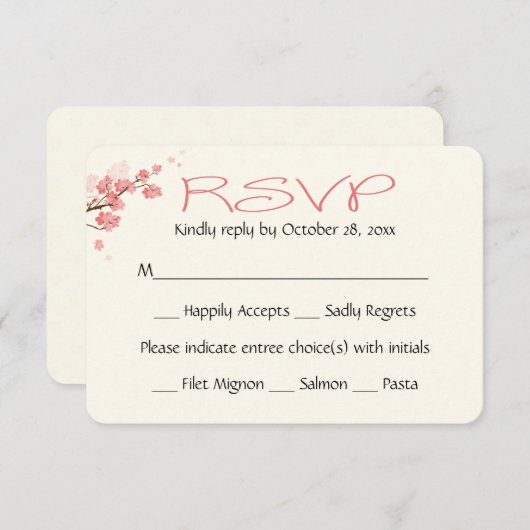 ピンクフローラRSVPさくらんぼ花咲結婚く花 出欠カード (正面/裏面)