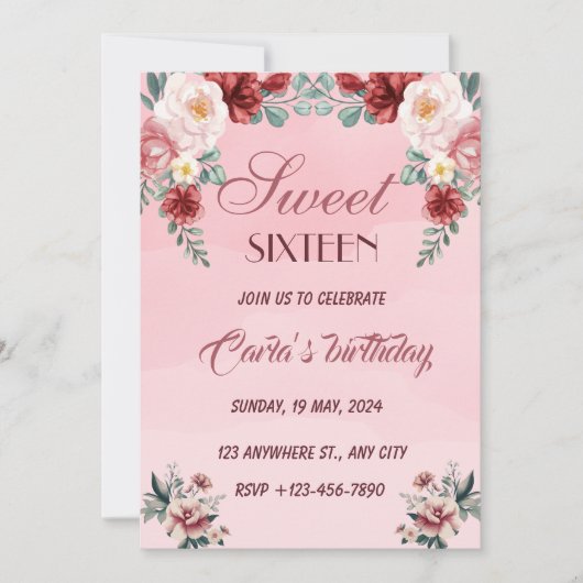 ピンクフローラSweet sixteenエレガントな誕生日パーティーI 招待状 (正面)