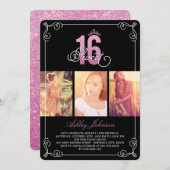 ピンクフローリッシュグラムスウィート16フォトバースデーパーティー 招待状 (正面/裏面)