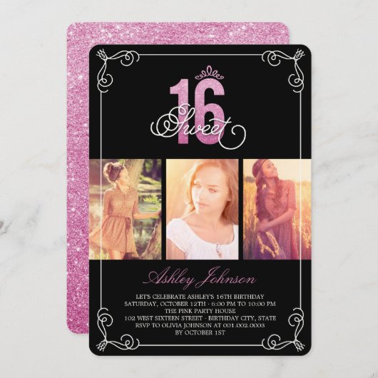 ピンクフローリッシュグラムスウィート16フォトバースデーパーティー 招待状 (正面/裏面)