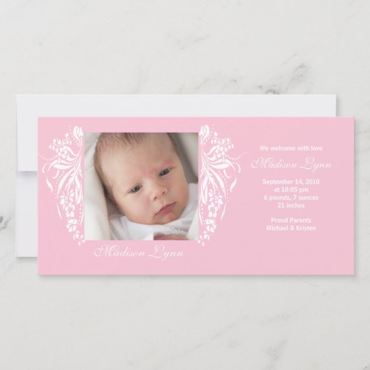 ピンクフローリッシュ新生児誕生発表 案内状 (正面)