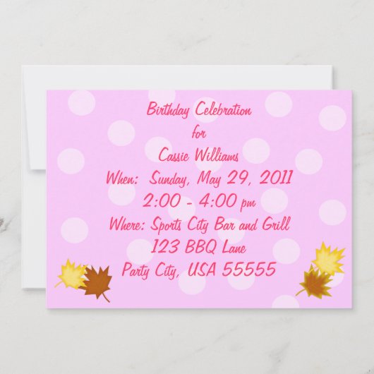 ピンクフーフクロウ誕生日パーティーへの招待 招待状 (裏面)